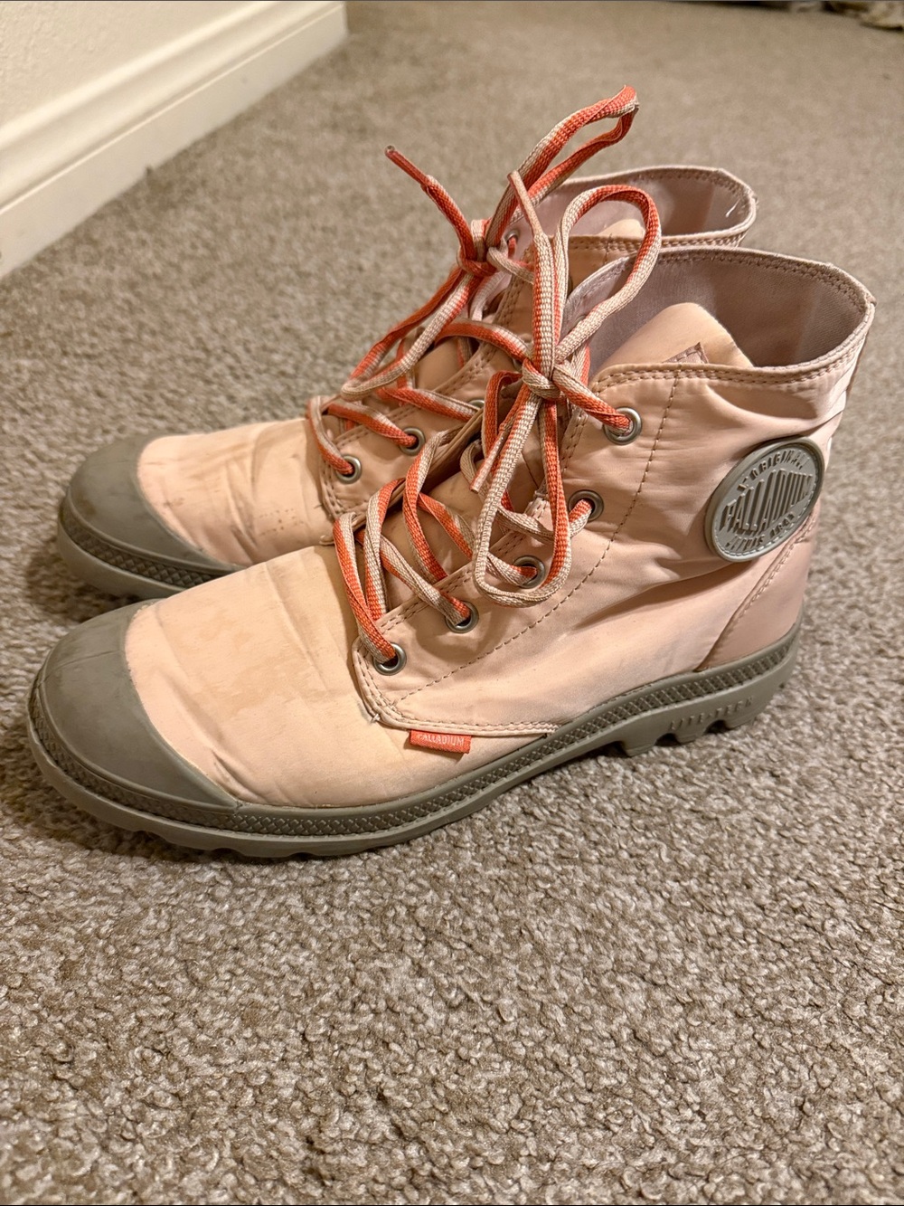Palladium Canvas High-Top Boots in Pale Pink with Olive Accents